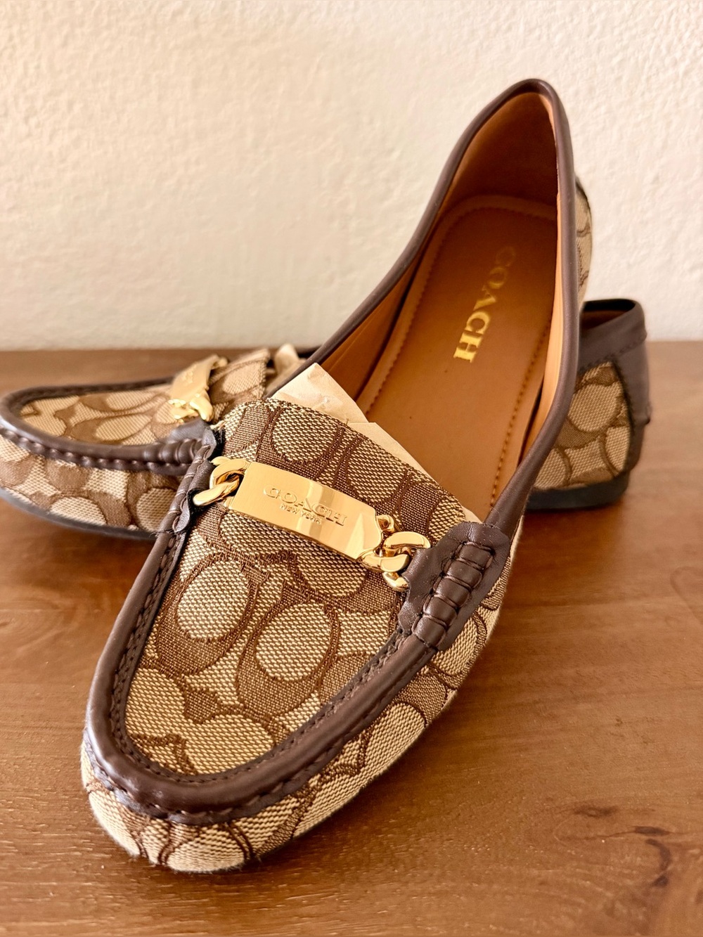 Coach Tan & Brown Signature Canvas Loafers with Gold Plaque